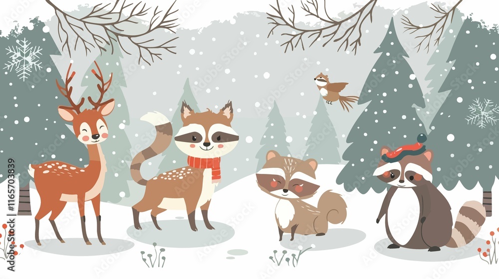 Enchanting Winter Forest Scene with Cute Christmas Animals Enchanting Winter Forest Scene with Cute Christmas Animals