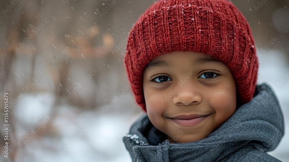 A smiling boy in a red hat and gray coat, surrounded by falling snowflakes. A smiling boy in a red hat and gray coat, surrounded by falling snowflakes.