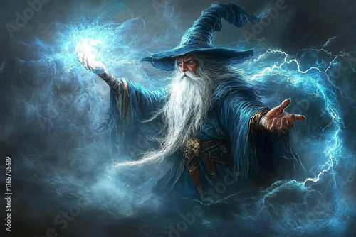 Fantasy art of a wizard with a long white beard and hat photo