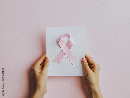 Pink ribbon breast cancer symbol with hands illustration photo