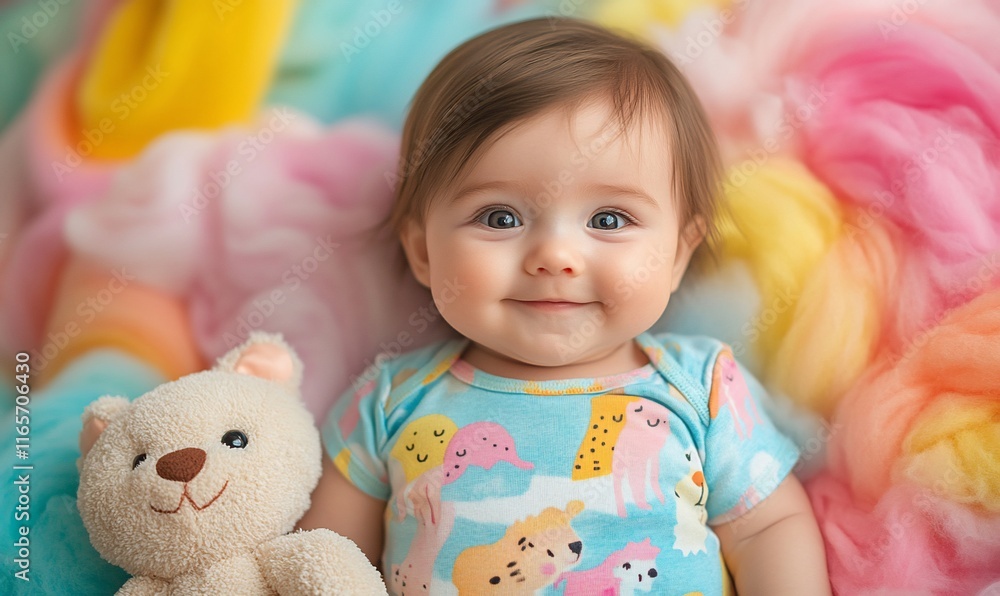 Happy baby girl lying on colorful yarn with teddy bear. Happy baby girl lying on colorful yarn with teddy bear.