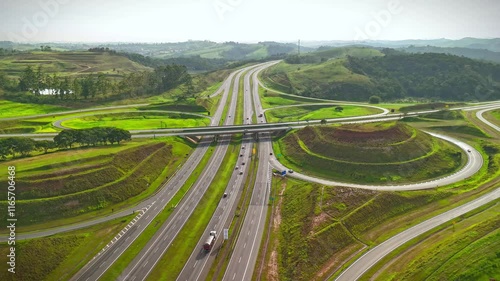 Aerial view of hyperlapse of a highway that connects Sao Paulo city to other cities in the countryside of the state.
