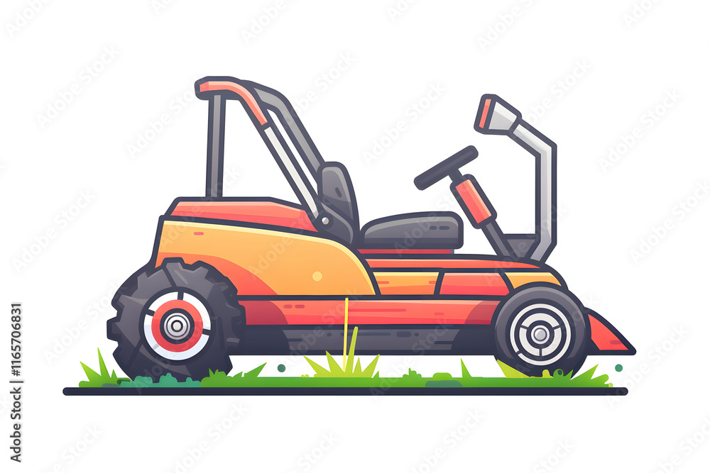 Lawn Mower Parked on Grass in Bright Colors Lawn Mower Parked on Grass in Bright Colors