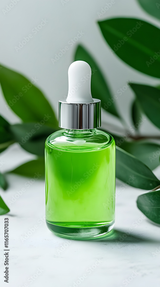 Hyaluronic acid serum in a pipette flask. green liquid gel. Cosmetic face skincare product closeup on a white background Hyaluronic acid serum in a pipette flask. green liquid gel. Cosmetic face skincare product closeup on a white background