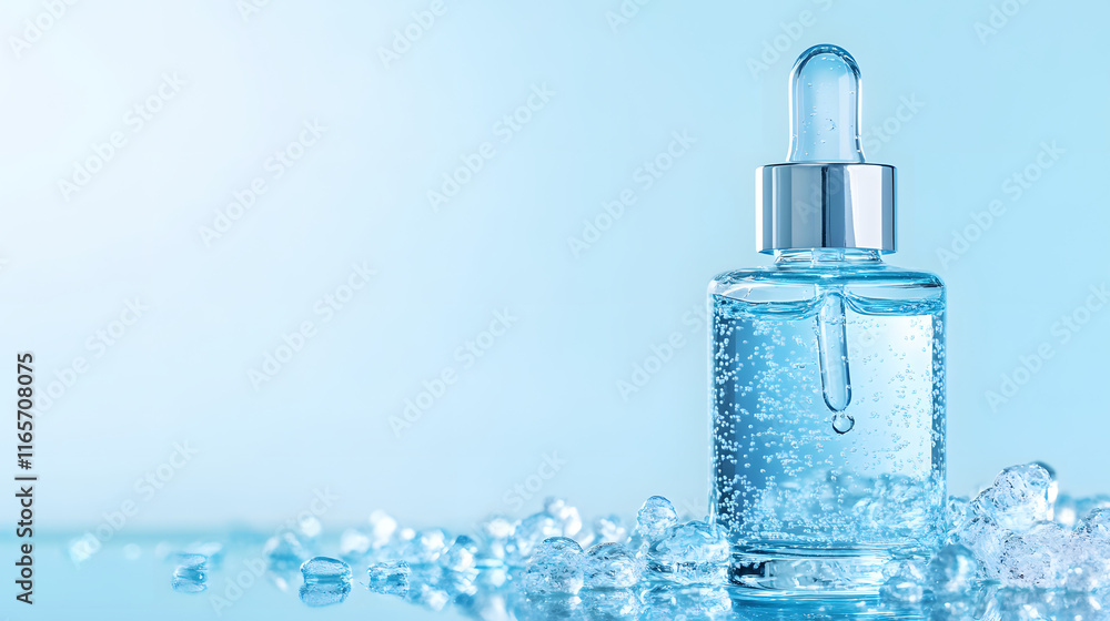 Hyaluronic acid serum in a pipette flask. blue liquid gel. Cosmetic face skincare product closeup on a blue background Hyaluronic acid serum in a pipette flask. blue liquid gel. Cosmetic face skincare product closeup on a blue background