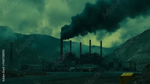 The dramatic viewpoint of environmental art highlights how industrial pollution affects rural landscapes beneath an overcast sky. photo