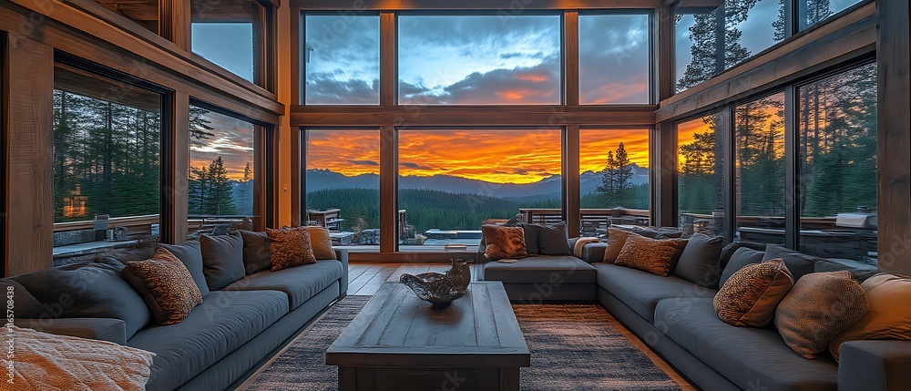 Sunset view from modern mountain home living room. Sunset view from modern mountain home living room.