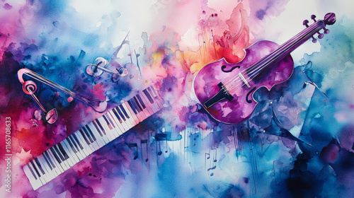 Vibrant watercolor artwork featuring piano, violin, and musical notes photo