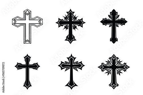 Set of Christian cross liner and silhouette, Religious cross icon illustration