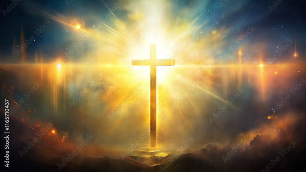 Radiant cross with heavenly light and colorful celestial background Radiant cross with heavenly light and colorful celestial background