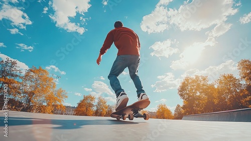 Skateboarder performing trick in skatepark on sunny day. photo