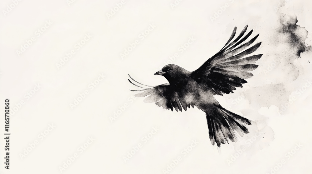 Fototapeta premium Minimalist bird silhouette in soft black watercolor, evoking tranquility