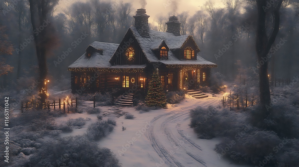 Cozy winter cabin nestled in snowy woods. Cozy winter cabin nestled in snowy woods.
