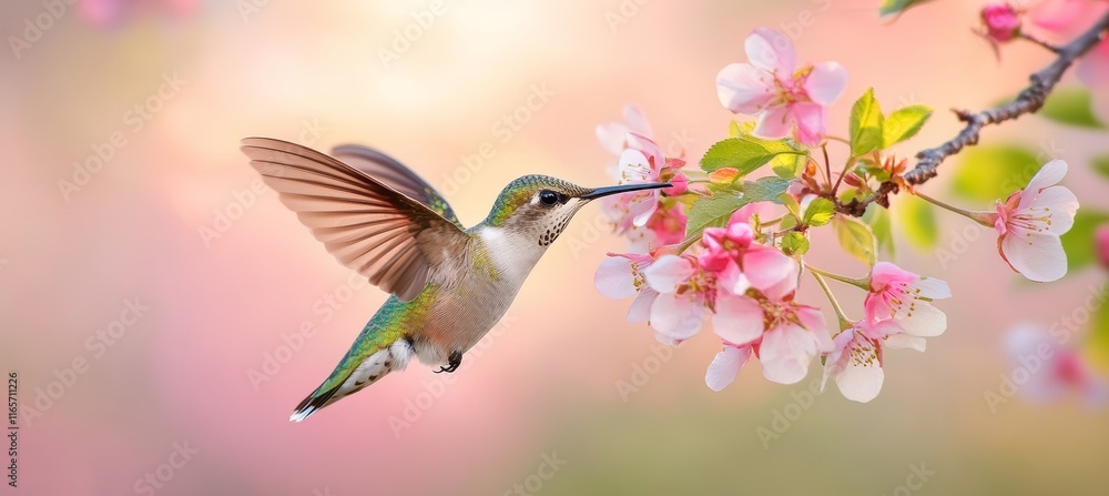 Fototapeta premium Hummingbird s Delicate Dance Tiny Avian Sipping Nectar from Pink Blossom, Springtime Beauty