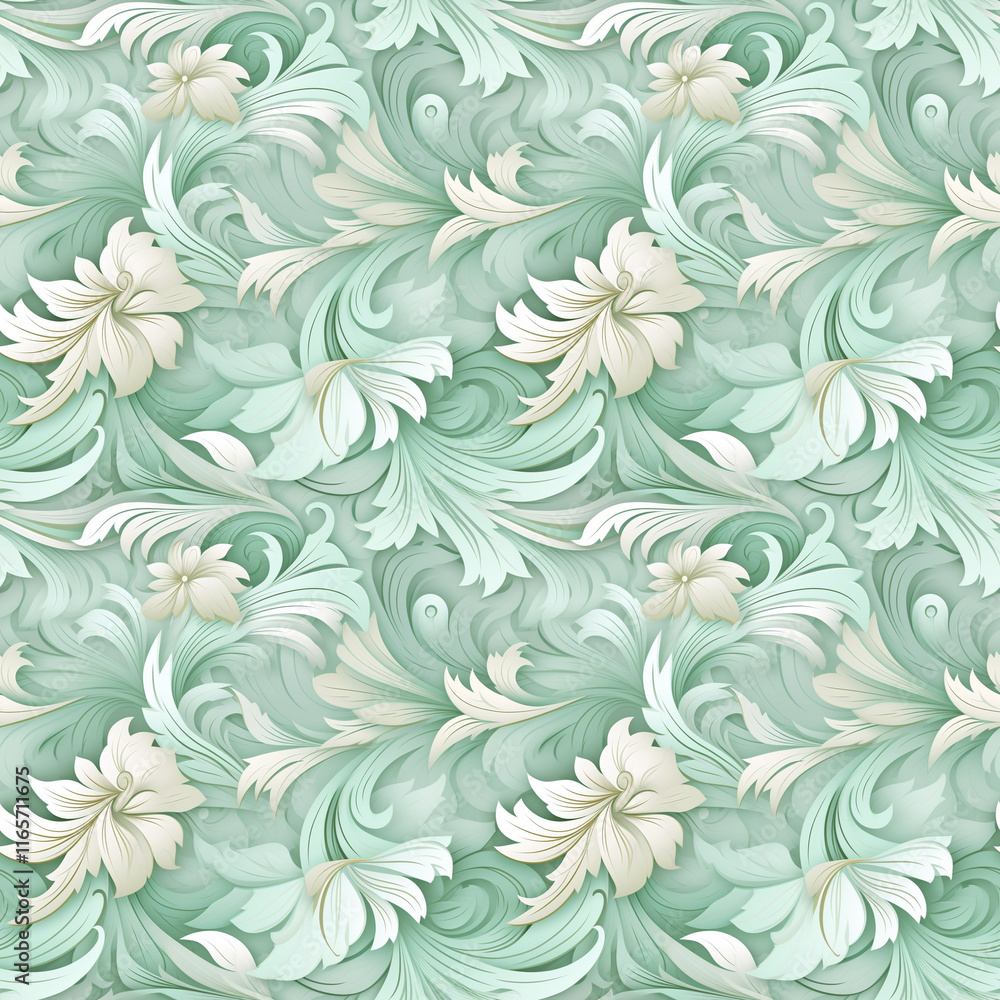 Seamless Green Floral Pattern with Decorative Leaves Seamless Green Floral Pattern with Decorative Leaves