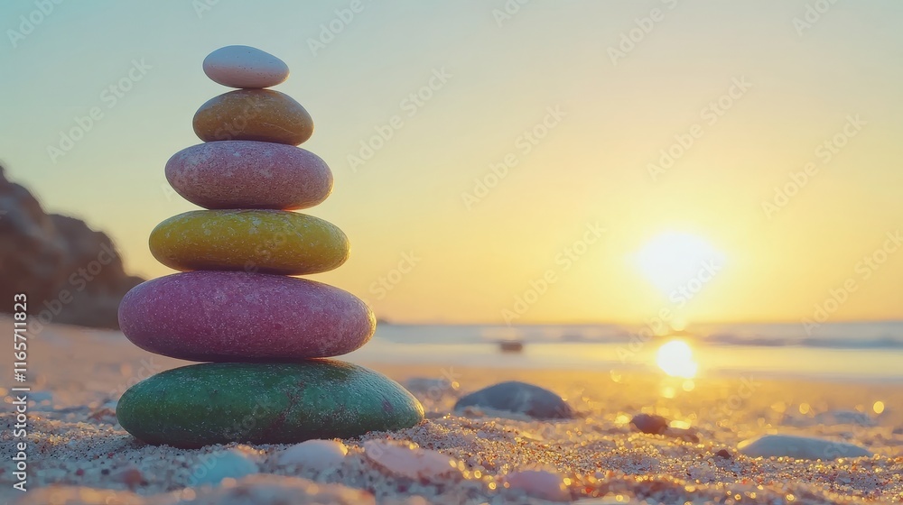 Rainbow-colored stones balanced perfectly on the beach as the sun sets. Rainbow-colored stones balanced perfectly on the beach as the sun sets.