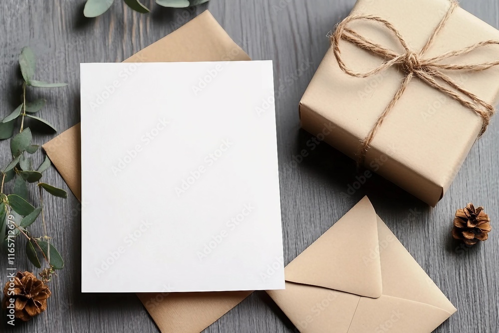 Blank greeting card mockup with gift box and envelope on wooden background Blank greeting card mockup with gift box and envelope on wooden background