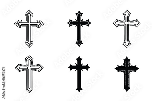 Set of Christian cross liner and silhouette, Religious cross icon illustration