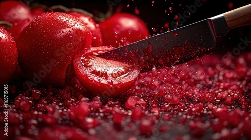 Sliced tomato with knife, water droplets, and pomegranate seeds. photo