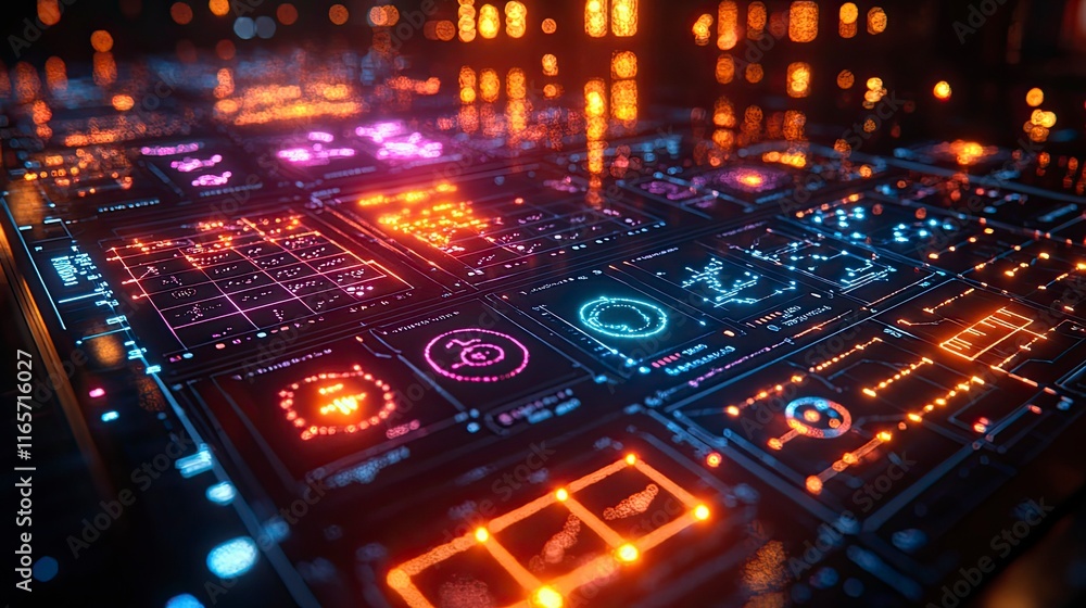 Fototapeta premium Rows of organized periodic table elements displayed as glowing neon symbols against a dark laboratory background