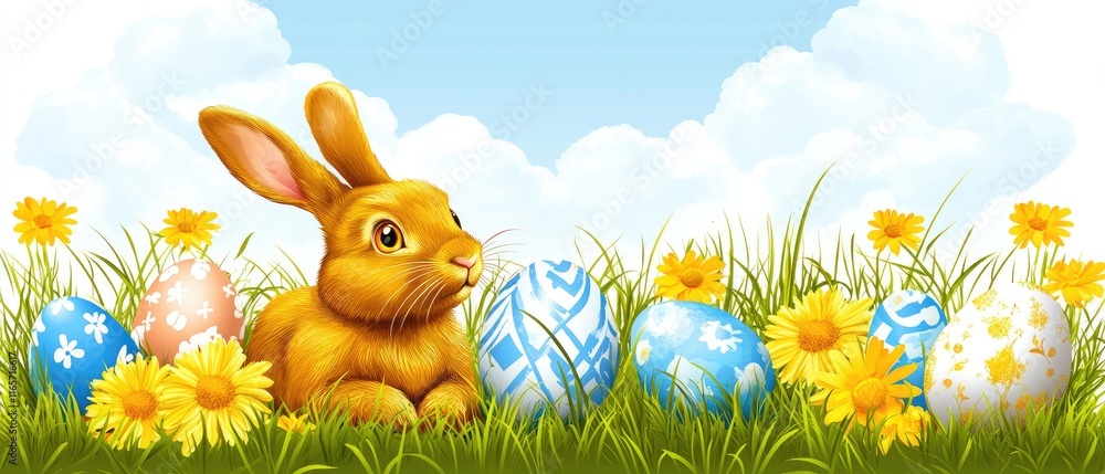 Fototapeta premium Colorful Easter Scene: Bunny and Decorated Eggs in Spring Flower Meadow