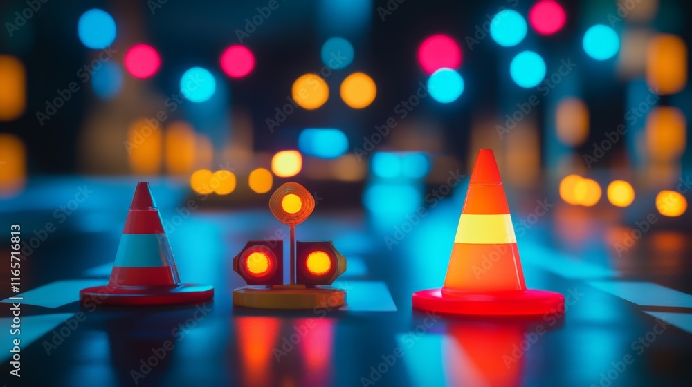 Colorful Traffic Cones with Blurred Background Colorful Traffic Cones with Blurred Background