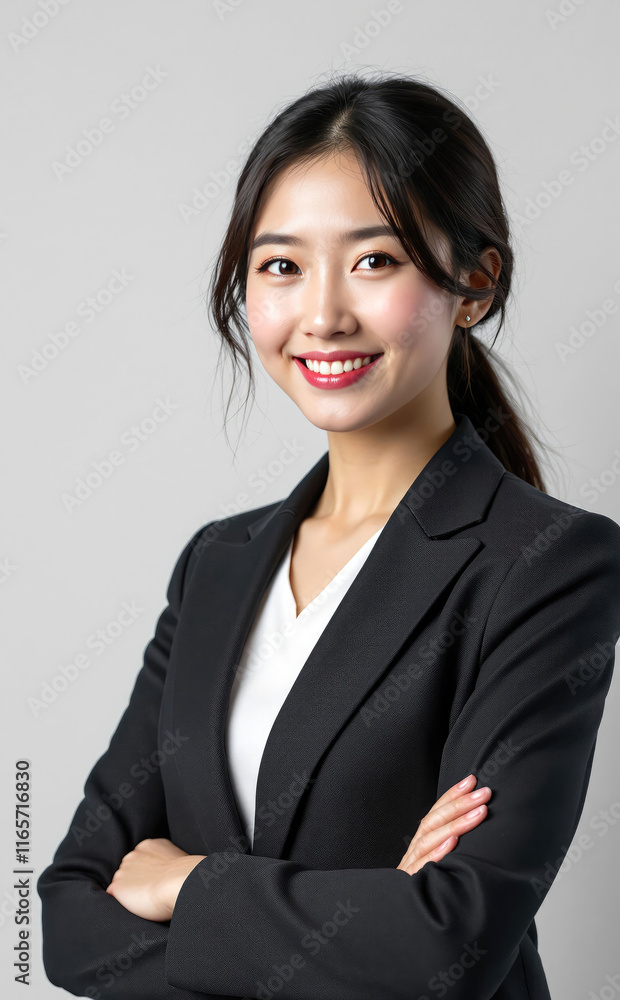 Confident Asian businesswoman in black suit arms crossed smiling warmly at camera against neutral background Confident Asian businesswoman in black suit arms crossed smiling warmly at camera against neutral background
