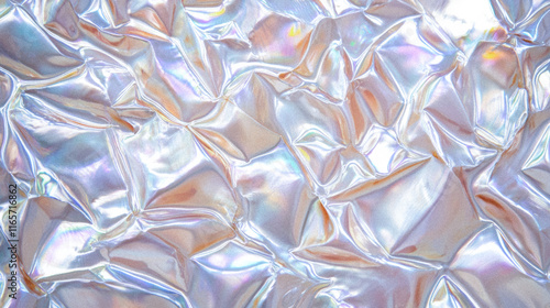 Abstract Grainy Holographic Background: Grainy Iridescent Silver Background in Soft Gradient Pearl Tones - Wrinkled Holographic Rainbow Silver Satin Foil with Shimmering Pearlescent Light Reflections