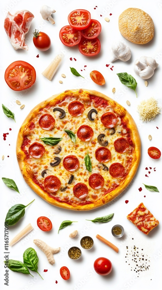 A mouthwatering pizza ingredients artfully arranged on a white background. A perfect combination of fresh ingredients, cheese, and toppings. A culinary masterpiece showcasing the art of pizza making. A mouthwatering pizza ingredients artfully arranged on a white background. A perfect combination of fresh ingredients, cheese, and toppings. A culinary masterpiece showcasing the art of pizza making.