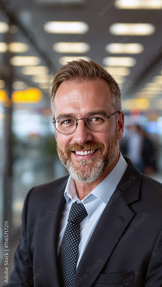 Fototapeta premium Smiling businessman in suit confident and successful corporate business contexts