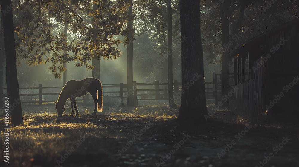 Serene silhouette of a horse grazing peacefully in a sun-dappled pasture, surrounded by tall trees and a rustic wooden fence. Serene silhouette of a horse grazing peacefully in a sun-dappled pasture, surrounded by tall trees and a rustic wooden fence.
