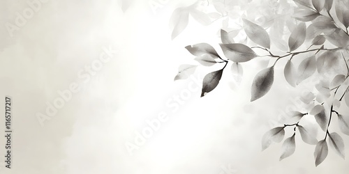 Monochrome illustration of delicate leaves and branches on a soft, hazy background.