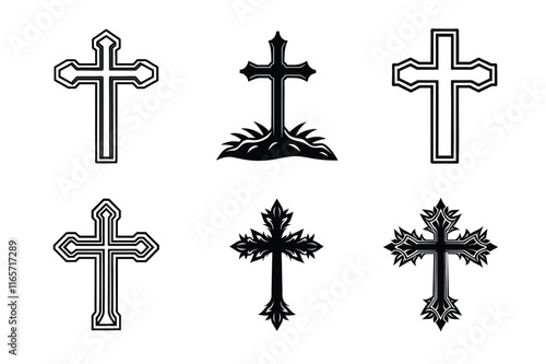 Set of Christian cross liner and silhouette, Religious cross icon illustration