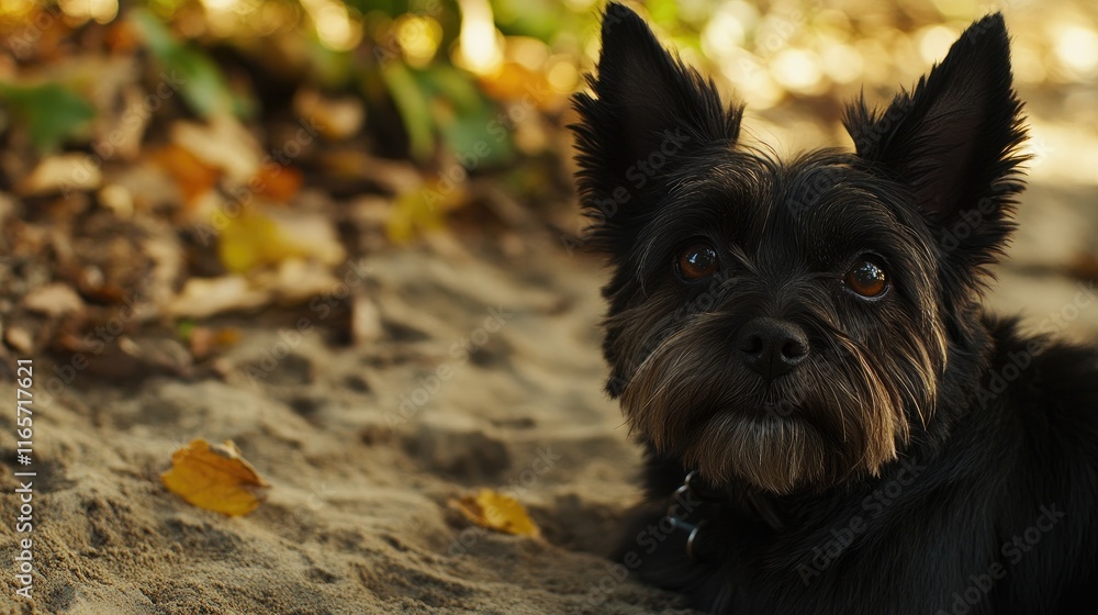 Adorable Black Dog on Autumn Forest Path with Colorful Leaves Adorable Black Dog on Autumn Forest Path with Colorful Leaves