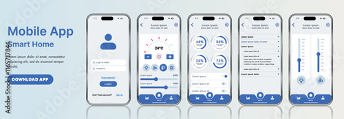 A sleek smart home application interface template featuring modern icons and a gradient design. Includes navigation menus for managing devices, monitoring security, controlling temperature