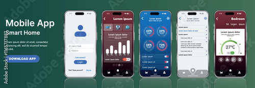 A sleek smart home application interface template featuring modern icons and a gradient design. Includes navigation menus for managing devices, monitoring security, controlling temperature