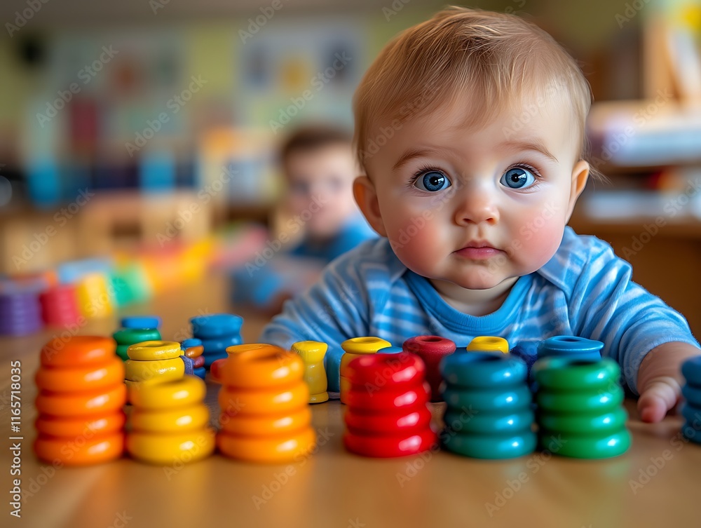 Obraz premium Baby playing with colorful stacking rings.