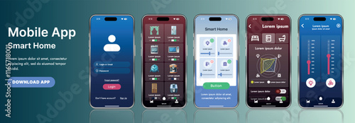 A sleek smart home application interface template featuring modern icons and a gradient design. Includes navigation menus for managing devices, monitoring security, controlling temperature