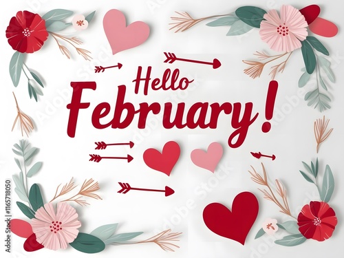 Hello February Floral Hearts Greeting Design