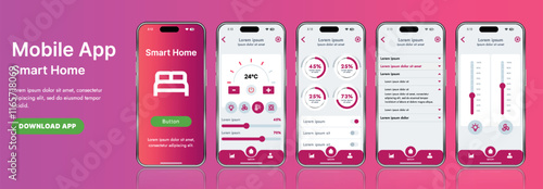 A sleek smart home application interface template featuring modern icons and a gradient design. Includes navigation menus for managing devices, monitoring security, controlling temperature