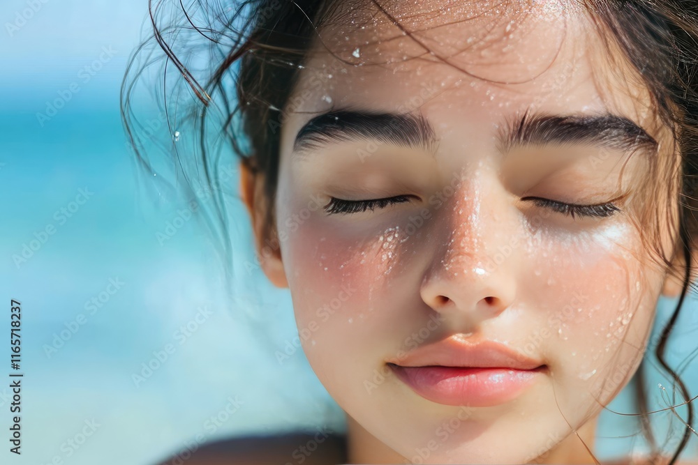 Serene Young Woman with Closed Eyes Enjoying Peaceful Beach Moment with Sunlit Skin Serene Young Woman with Closed Eyes Enjoying Peaceful Beach Moment with Sunlit Skin