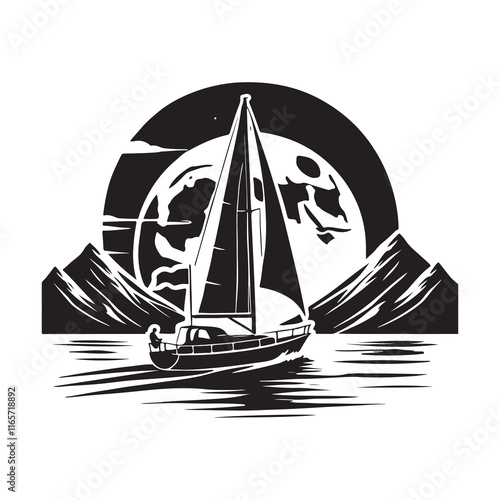 Sailing Silhouette Vector Illustration, Solid White Background.