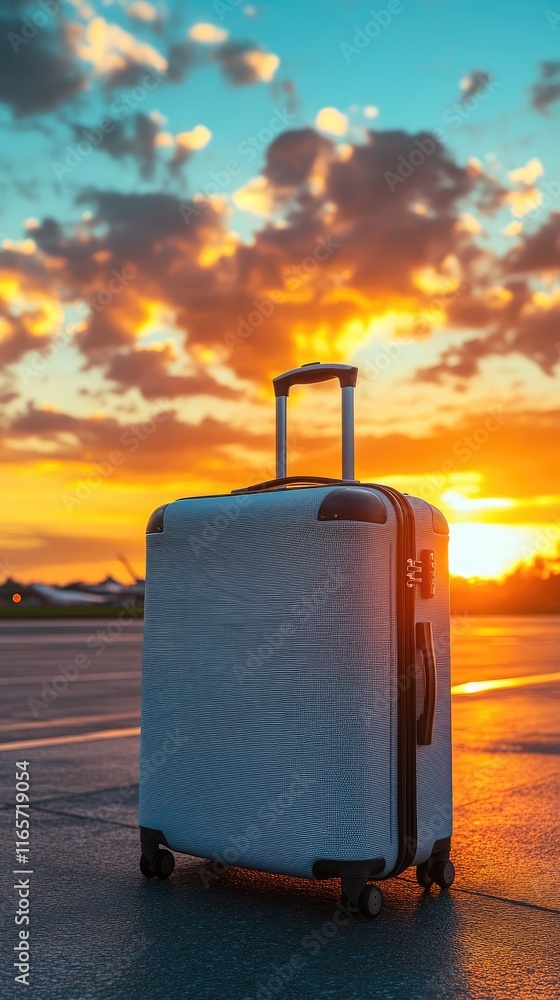 Traveler's Suitcase on Tarmac with Vibrant Sunset Sky Traveler's Suitcase on Tarmac with Vibrant Sunset Sky