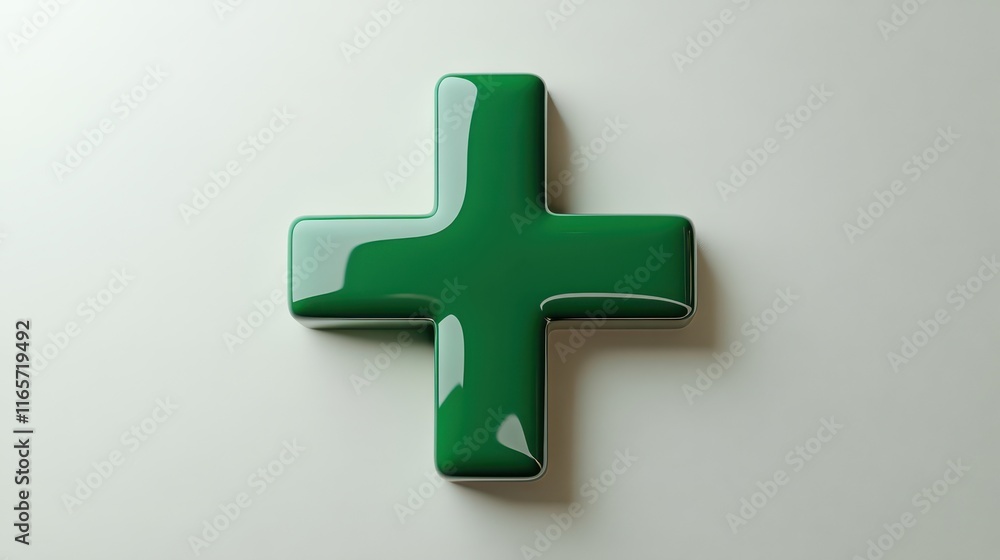 Fototapeta premium Bold vibrant green plus sign centered against a neutral background for design and marketing purposes