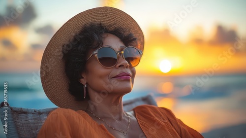 Chic older woman enjoying a sunset on the beach with stylish sunglasses and a sun hat