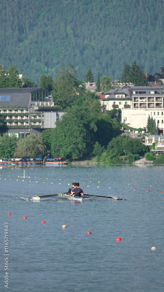 Obraz premium Avironneurs sur le lac de Bled