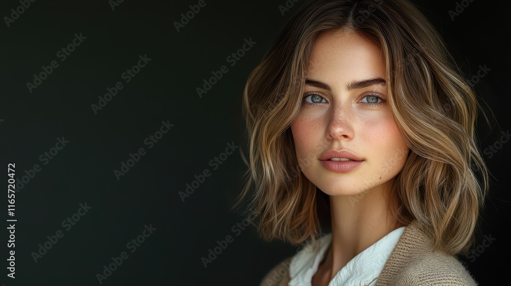 Fototapeta premium Mysterious woman with captivating grey eyes and soft waves in a dimly lit setting