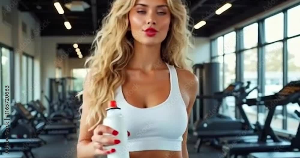 A stunning 22-year-old woman with bright blue eyes and curly blonde hair confidently walks into a modern gym, holding a water bottle. She wears a stylish white athletic outfit, showcasing her toned A stunning 22-year-old woman with bright blue eyes and curly blonde hair confidently walks into a modern gym, holding a water bottle. She wears a stylish white athletic outfit, showcasing her toned
