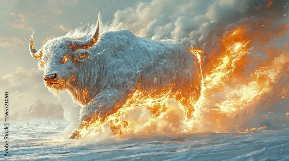 Obraz premium Fierce bull charging through flames across a snowy landscape in a dramatic display of power and energy