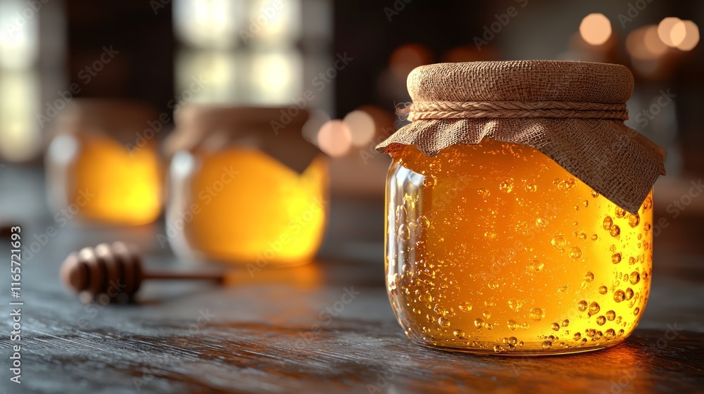 Three jars of golden honey on wooden table, illuminated, with honey dipper. Three jars of golden honey on wooden table, illuminated, with honey dipper.
